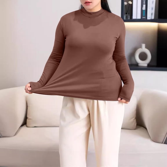 Qulqfy Plus Size Long Sleeve Shirts for Women Bronze Modal Turtleneck Shirts Casual Stretchy Shirts for Women