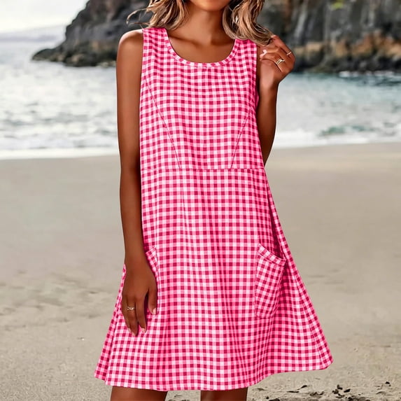 Qulqfy Plus Size Summer Dresses for Women Flowy Sleeveless Plaid Midi Cute Strapped Swing Beach Smocked Scoop Neck with Pockets Hot Pink Sundresses 3XL