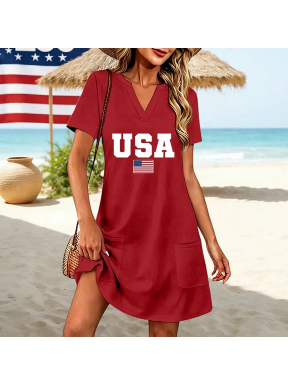 Plus Size Summer Dresses for Women Midi Cap Sleeve USA Flag Print Flowy Tshirt Dress Fall Loose Casual V-Neck Beach with Pockets Red Sundresses 3XL