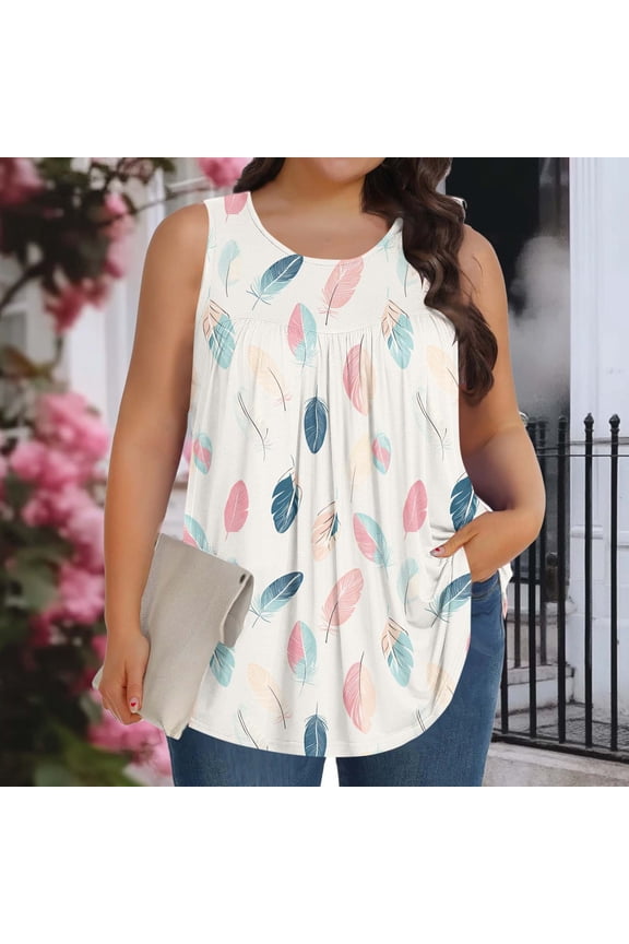 Plus Size Tank Tops for Women Floral Flowy Scoop Neck Sleeveless Knit Casual Multicolor Beach Dressy Summer Graphic Shirts L