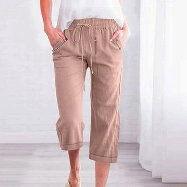 Qulqfy Plus Size Women Pants Summer Cotton Linen Capri Gold Drawstring Wide Leg High Waisted Pants Pants for Teens L