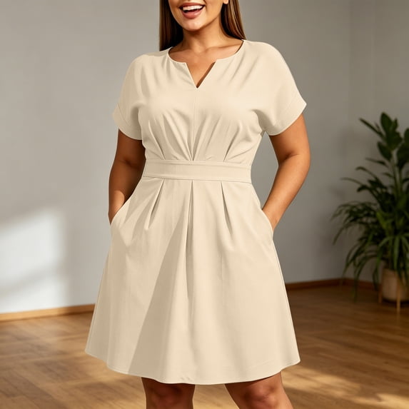 Qulqfy Plus Size Womens Summer Dresses Cotton Casual Midi Short Sleeve Solid A-Line Beige Corset V-Neck Wrap Beach Dresses with Pockets L