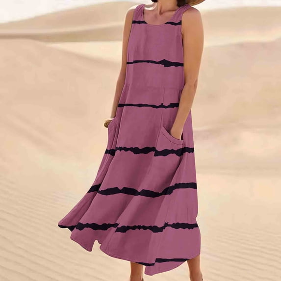 Qulqfy Maxi Womens Summer Dresses Striped Cotton Linen Plus Size Sleeveless Square Neck Pink Beach Vacation Casual with Pockets Sundresses XL