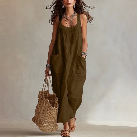 Qulqfy Plus Size Womens Summer Dresses Maxi Cotton Sleeveless Boho Plain Brown Flowy Strapped Swing Square Neck Casual Beach Long Dresses with Pockets L