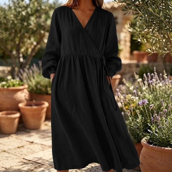 Qulqfy Plus Size Womens Summer Dresses Solid Flowy Maxi Long Sleeve Casual Vacation Elegant V-Neck Fall Beach with Pockets Black Sundresses 3XL
