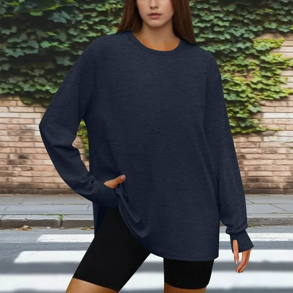 Qulqfy Plus Size Workout Shirts for Women Fleece Oversized Blue Long Sleeve Shirts Crew Neck Fuzzy Tunic Tops for Women