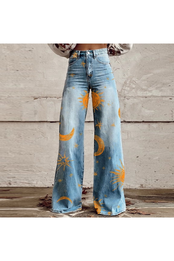 Printed Jeans for Women Bootcut Gold Stars High Waisted Wide Leg Jeans Womens Palazzo Pants L