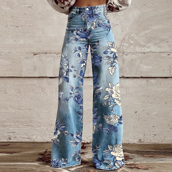 Qulqfy Printed Jeans for Women Bootcut High Waisted Blue Floral Palazzo Jeans Womens Wide Leg Pants L