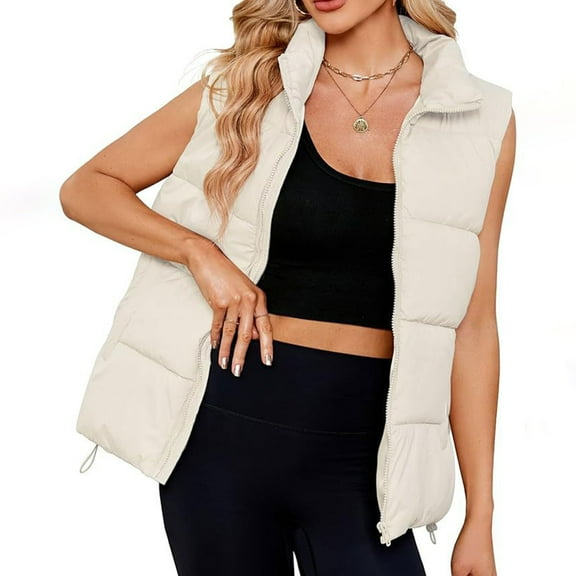 Qulqfy Puffy Womens Quilted Jacket Sleeveless Yellow Zip Up Padded Lapel Collar Puffer Vest Fall Jackets for Women S