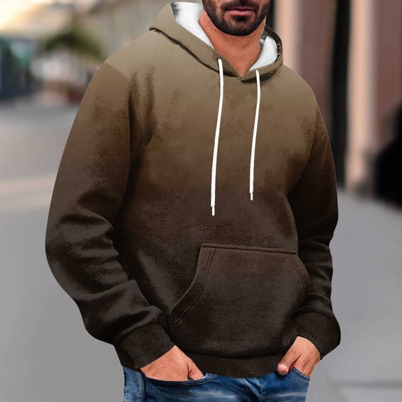 Qulqfy Pullover Hoodie Men Casual Brown Fall Hooded Gradient Long Sleeve Sweatshirts with Kangaroo Pocket Sweatshirt for Men 3XL