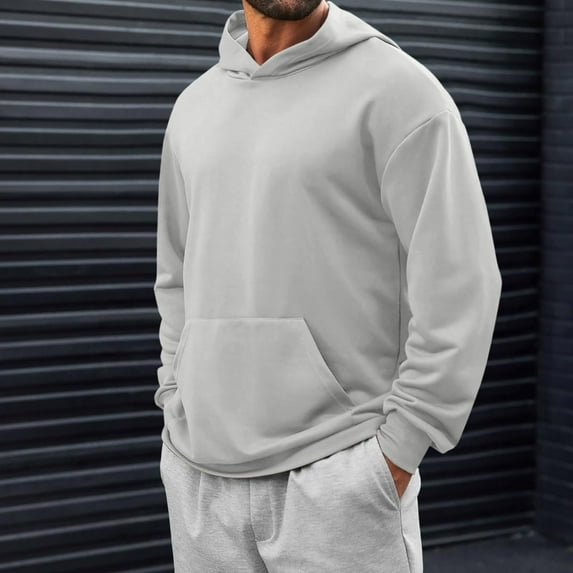 Qulqfy Pullover Hoodie Men Gray Casual Fall Long Sleeve Hooded Sweatshirts with Kanga Pocket Men Sweatshirts M