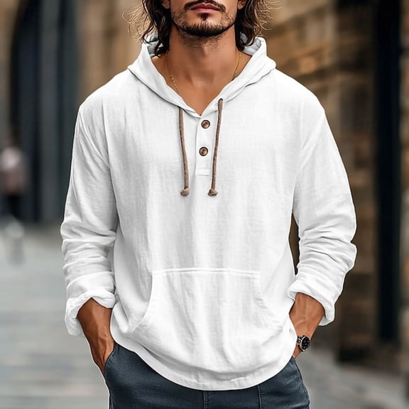 Qulqfy Pullover Hoodie Men Vacation White Henley Beach Casual Hooded Long Sleeve Fall Sweatshirts Mens Sweatshirt S