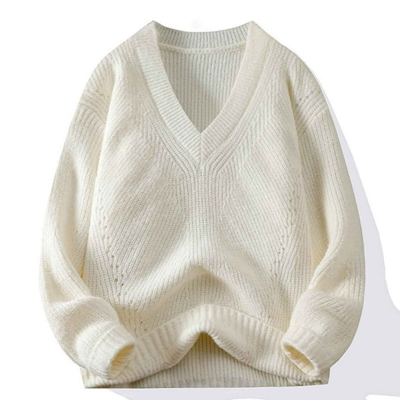Qulqfy Pullover Men's Sweater Soft White Chunky Knit Fall Long Sleeve V Neck Winter Casual Sweater Under Shirts for Men M