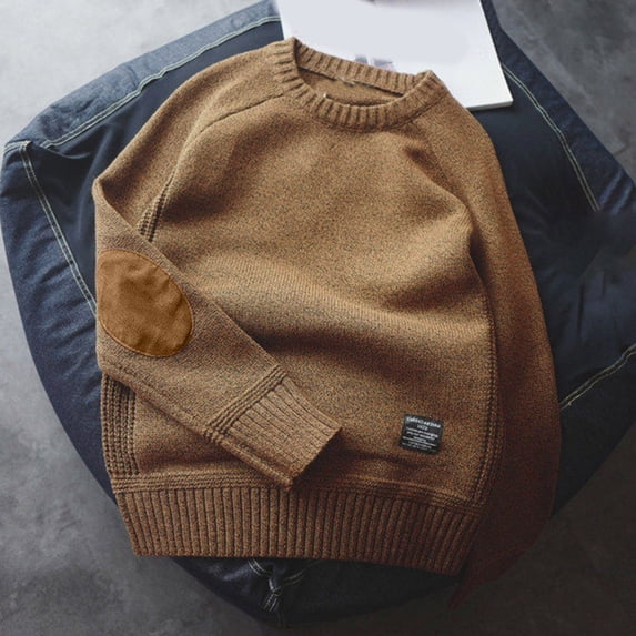 Qulqfy Pullover Men's Sweaters Oversized Brown Raglan Knit Fall Crew Neck Long Sleeve Fashion Winter Sweater with Pads Mens Undershirts L