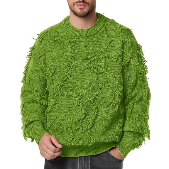Qulqfy Pullover Mens Sweater Green Casual Knit Ripped Fashion Long Sleeve Crew Neck Winter Fall Sweater Mens Shirts XL