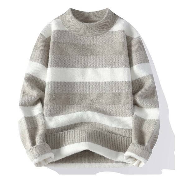 Qulqfy Pullover Mens Sweaters Striped Knit Beige Casual Long Sleeve Crew Neck Fall Winter Stretchy Sweater Men's Shirts L