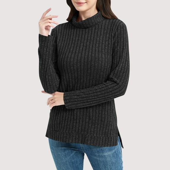 Qulqfy Pullover Sweaters Women Cozy Turtleneck Ribbed Black Sweater Side Split Lightweight Knit Long Sleeve Shirts Tops for Women