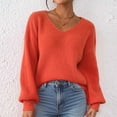 thumbnail image 1 of Qulqfy Pullover Sweaters Women Orange Dressy V Neck Basic Lantern Sleeve Knitted Shirts Fall Sweaters Women M, 1 of 9