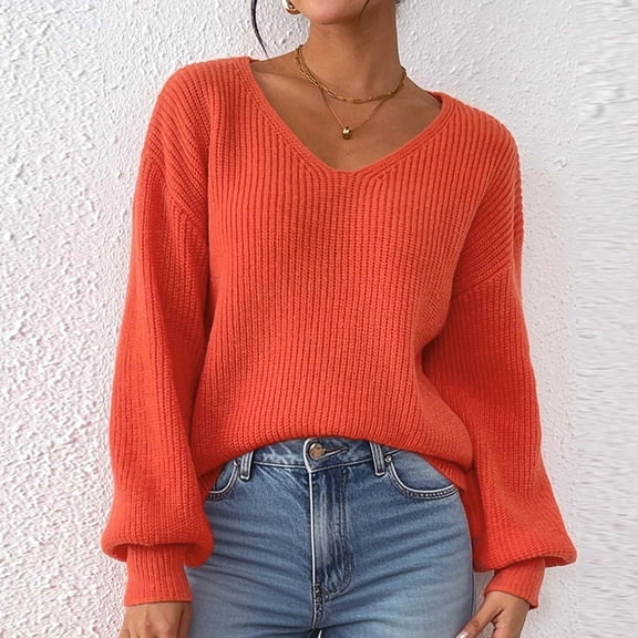 Qulqfy Pullover Sweaters Women Orange Dressy V Neck Basic Lantern Sleeve Knitted Shirts Fall Sweaters Women M