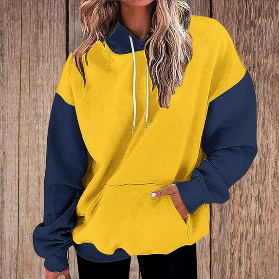 Qulqfy Pullover Sweatshirts for Women Color Block Drop Shoulder Long Sleeve Yellow Sweatshirts Women Fall Tops L