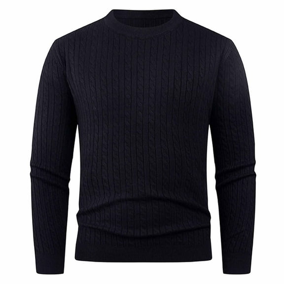 Qulqfy Pure Mens Sweaters Slim Fit Black Cable Knit Casual Winter Crew Neck Stretchy Long Sleeve Fall Sweater Men's Shirts M