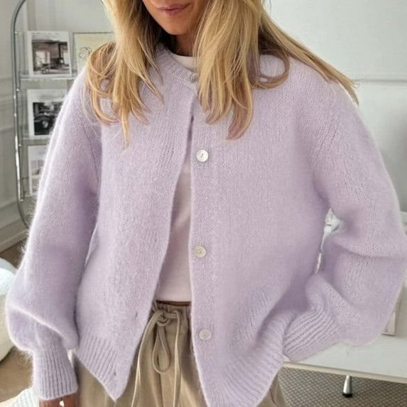 Qulqfy Purple Women's Cardigan Sweaters Button Down Crew Neck Long Sleeve Solid Casual Knitted Tops Fall Sweaters for Women 2025 S