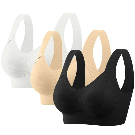 Qulqfy Push Up Women Bras White 3 Pack Seamless Plus Size Wide Straps Full Coverage V Neck Lifting Wirefree Bras T Shirt Bras for Women 4XL