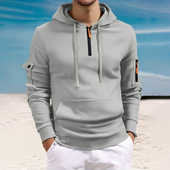 Qulqfy Quarter Zip Oversized Hoodie Men Gray Pullover Casual Long Sleeve Hooded Sweatshirts with Kanga Pocket Men Sweatshirts L