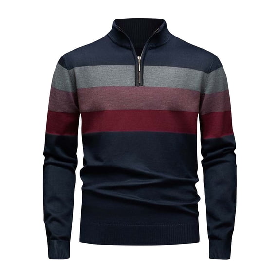 Qulqfy Quarter Zip Sweater Men Knit Blue Tunic Striped Long Sleeve Fall Winter Casual Stand Collar Sweater Mens Shirt XXL