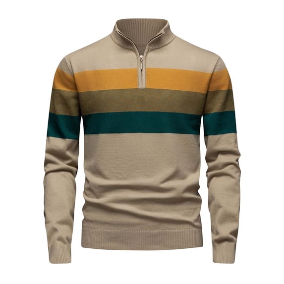 Qulqfy Quarter Zip Sweaters for Men Tunic Striped Knit Yellow Long Sleeve Fall Winter Casual Stand Collar Sweater Shirts for Men XXL