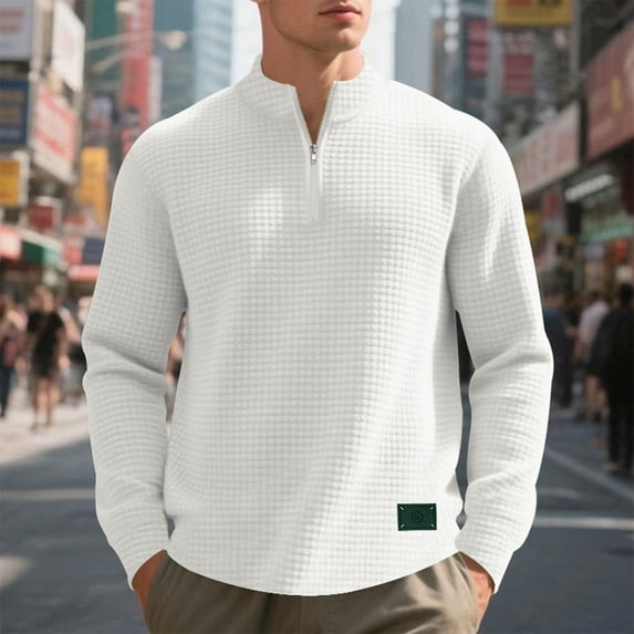 Qulqfy Quarter Zip Sweatshirts for Men Casual White Mock Neck Waffle Knit Fall Winter Plaid Jacquard Long Sleeve Shirts Mens Shirts L
