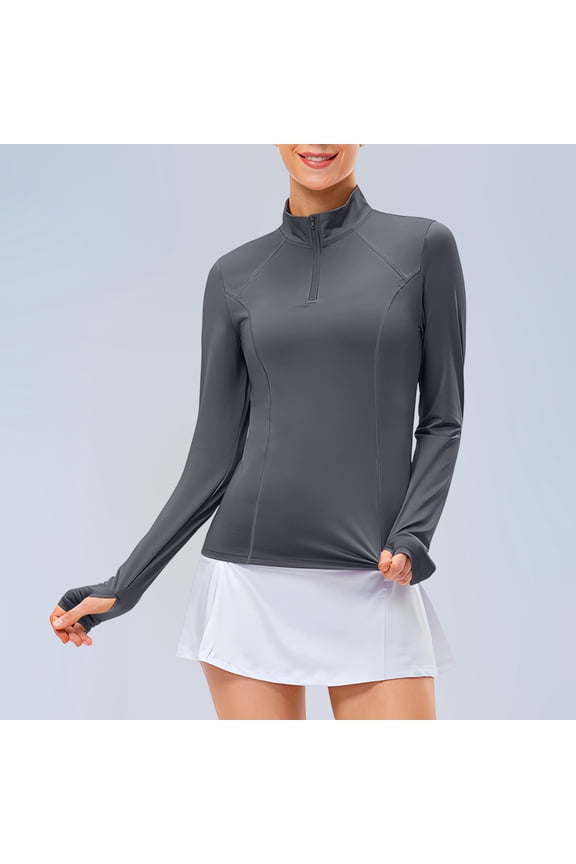 Quarter Zip Workout Shirts for Women Gray Long Sleeve Shirts Turtleneck Quick Dry Running Tops with Thumb Holes