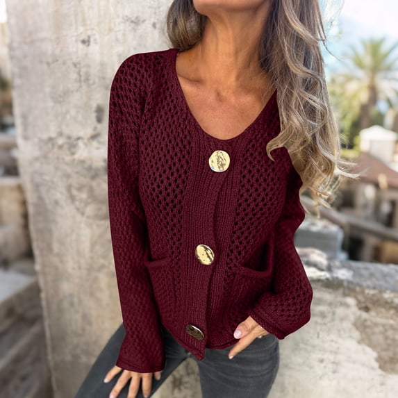 Qulqfy Red Sweater Cardigan Women Long Sleeve Trendy Knit Hollow Out Gold Button Up Shirts with Pockets Womens Fall Sweater M