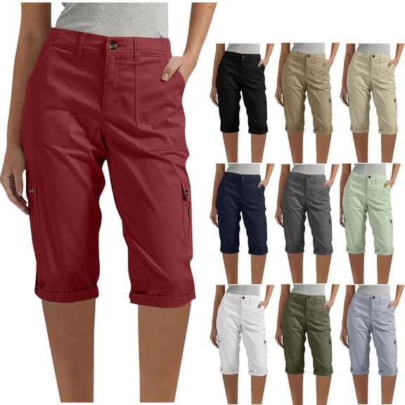 Qulqfy Red Women's Pants 2025 Cargo Capri Baggy High Waisted Petite Solid Color Stretchy Pants Trousers for Women M