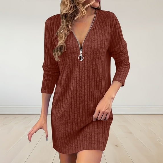 Qulqfy Ribbed Knit Dresses for Women Mini Orange Casual 3/4 Sleeve Zipper Front V Neck Fashion Dresses Fall Dresses for Women 2025 L