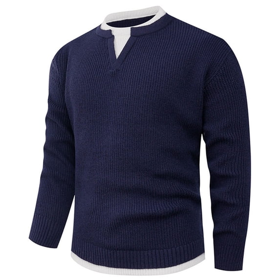 Qulqfy Ribbed Knit Sweaters for Men Double Layer Pullover Blue Fall Winter Long Sleeve V Neck Sweaters Mens Shirt XXL