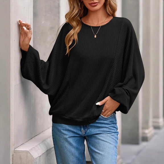 Qulqfy Ribbed Long Sleeve Shirts for Women Black Oversized Going Out Blouses Crew Neck Casual Shirts for Women