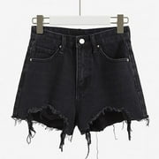 QULQFY Ripped Women's Shorts Black Denim Faryed Hem Strectch Distressed High Waisted Shorts Trouser for Girls L