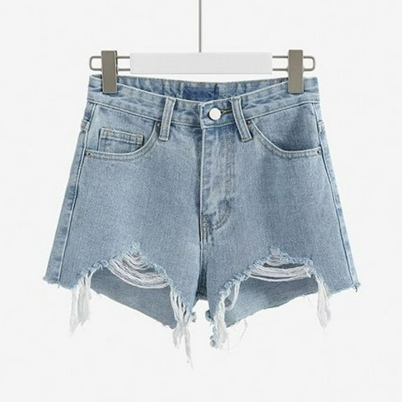 Qulqfy Ripped Womens Shorts 2025 Denim Faryed Hem Blue Distressed Strectch High Waisted Shorts Pants for Teen Girls XXL