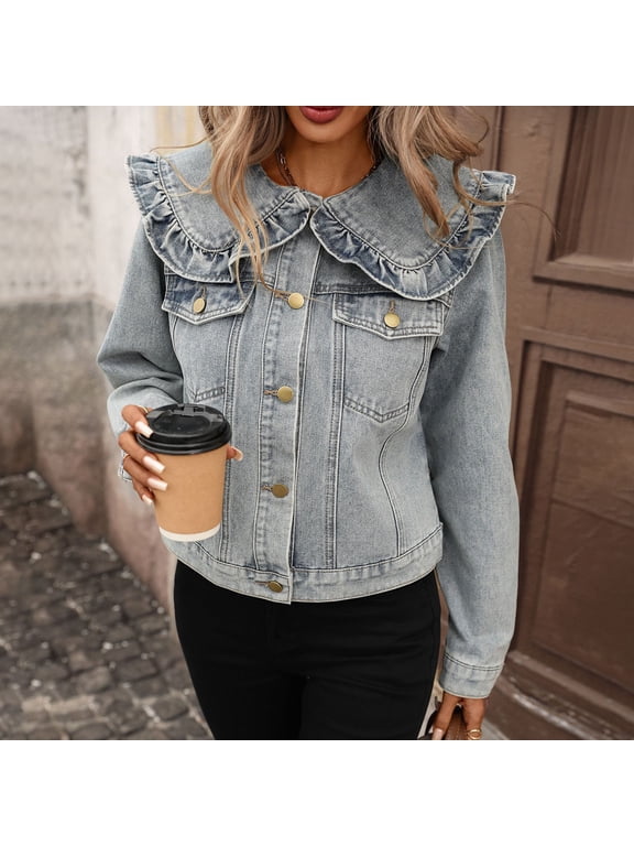 Ruffle Jean Jacket for Women Trendy Long Sleeve Peter Pan Collar Oversized Blue Casual Button Down Light Wash Denim Jacket 2XL