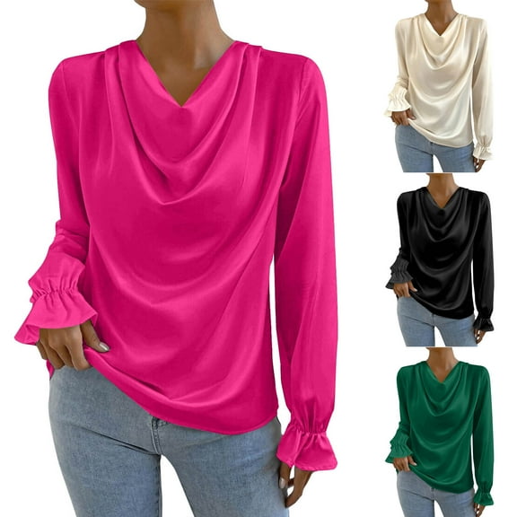 Qulqfy Ruffle Sleeve Tops for Women Satin Cowl Neck Pink Dressy Fall Blouses Women's Fancy Shirts S