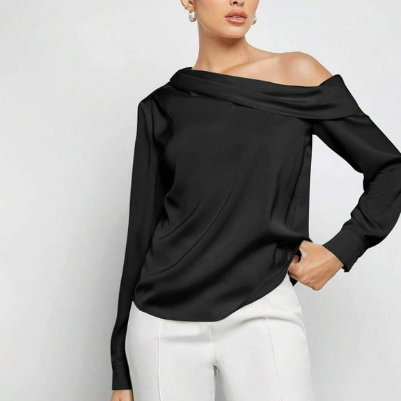 Qulqfy Satin Tops Women One Shoulder Dressy Long Sleeve Fancy Fall Blouses Womens Black Shirts XL