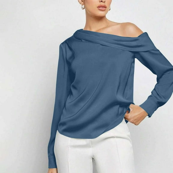 Qulqfy Satin Tops for Women One Shoulder Dressy Blue Long Sleeve Fall Blouses Women Fancy Shirts S