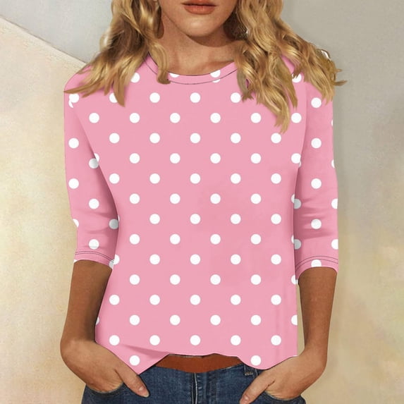 Qulqfy Scoop Neck Women's Blouses Casual 3/4 Length Sleeve Slim Fit Polka Dot Dressy Pleat Tunic Work Fall Womens Spring Tops XL