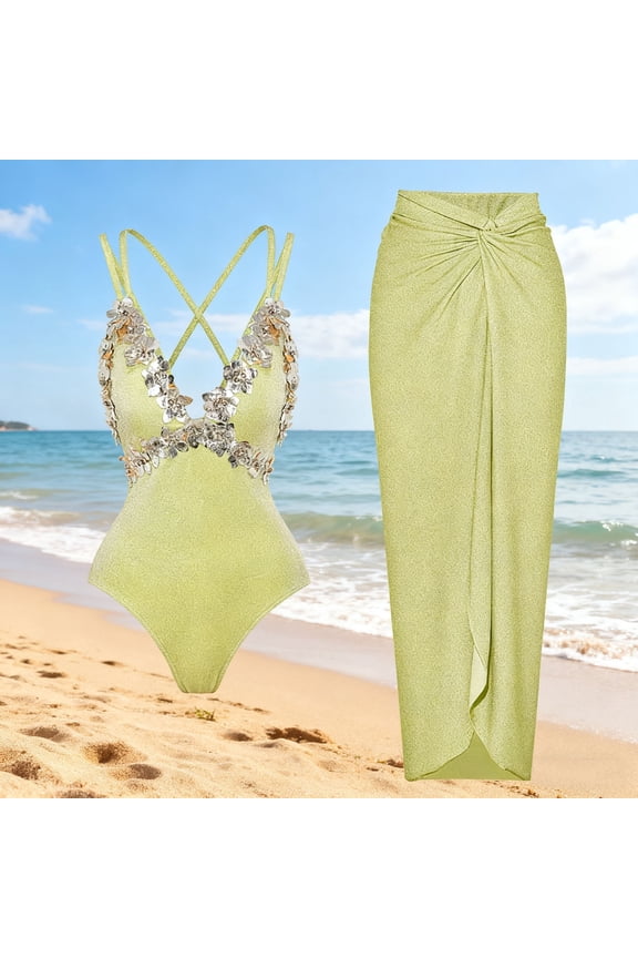 Sequin Swimsuits for Women Tummy Control Two Piece Bikini Sets Bathing Suit with Dress V Neck Cross Back Swimwear for Women L