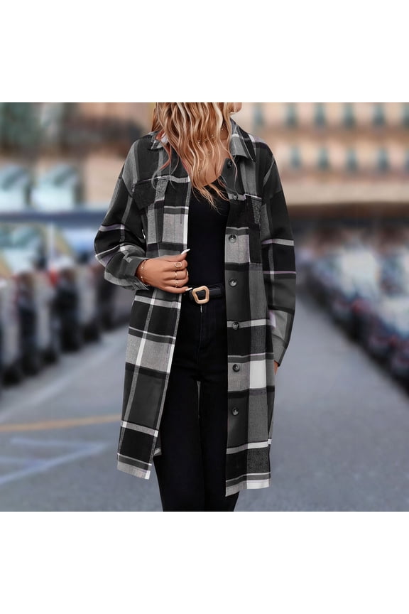 Shackets for Women Collared Long Length Plaid Shirts Button Down Wool Blend Winter Fall Tops Women's Shirts