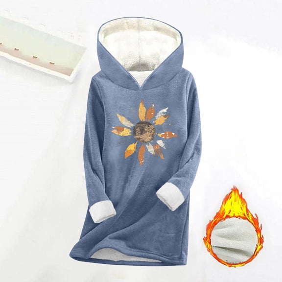 Qulqfy Shirts Women Blue Plus Size Fleece Lined Long Sleeve Pullover Tops Floral Hooded Winter Shirts Womens Tops
