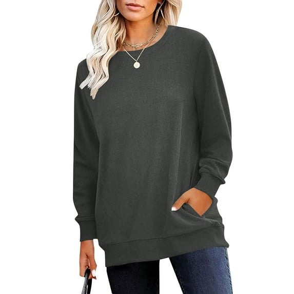 Qulqfy Shirts Women Long Sleeve Fleece Lined Gray Pullover Tops Crew Neck Casual Winter Shirts with Pockets Fall Tops for Women