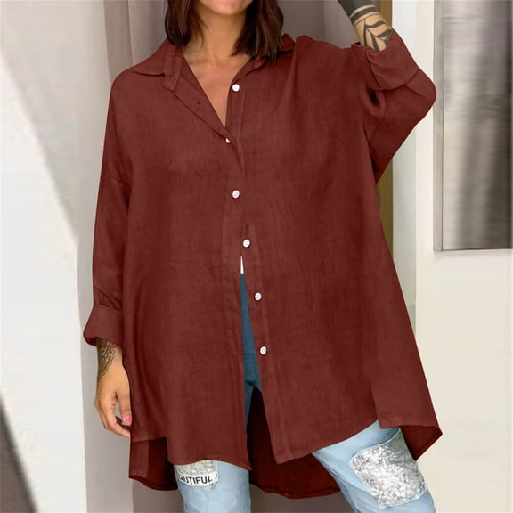 Qulqfy Shirts for Women Red Long Sleeve Oversized Linen Button Down Shirts Spring Collared Business Casual Summer Tops for Women XL