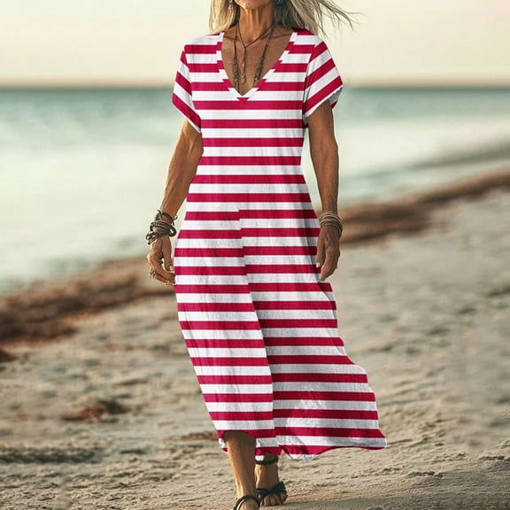 Qulqfy Short Sleeve Spring Dresses for Women 2025 Shirt Dress Red Striped Maxi Casual V Neck Flowy Dresses L